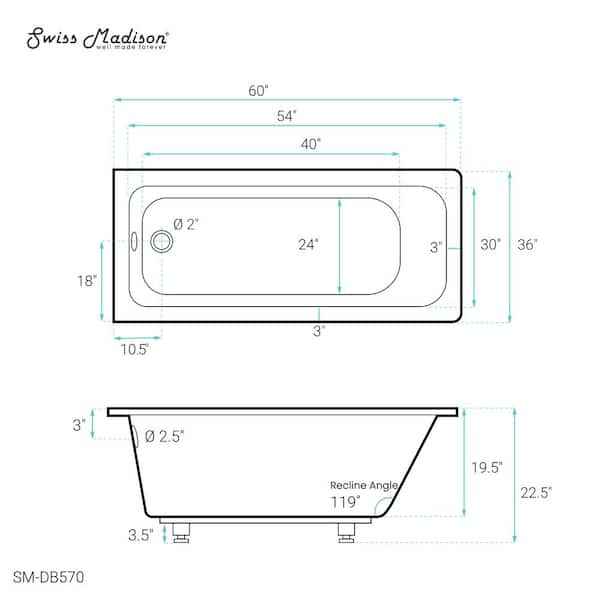 Voltaire 60 in. x 36 in. Acrylic Drop-In Reversible Drain Bathtub in White - Image 3