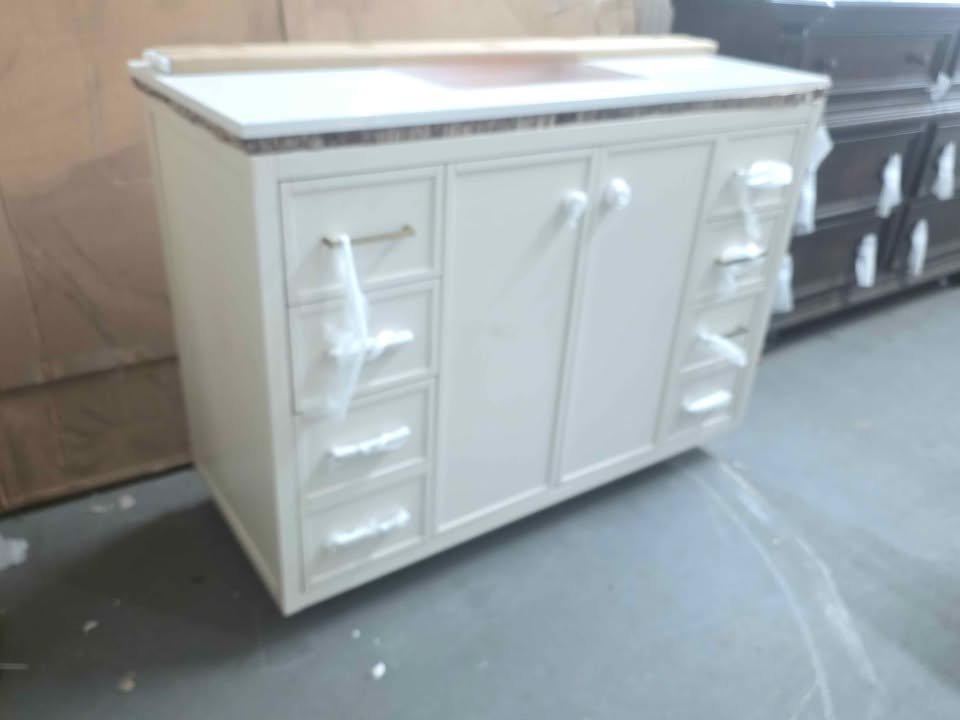 Stanfield 48in Beige Single Sink Bathroom Vanity ( Cracked Top in Pictures ) - Image 10