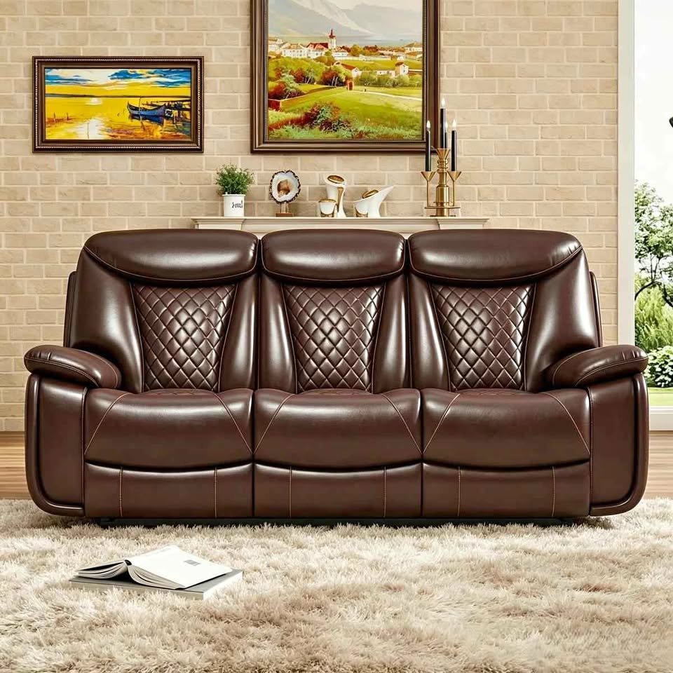 Madeira 84.6'' wide breathable leather pillow top arm power reclining sofa with diamond stitching