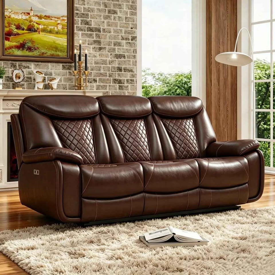 Madeira 84.6'' wide breathable leather pillow top arm power reclining sofa with diamond stitching - Image 5