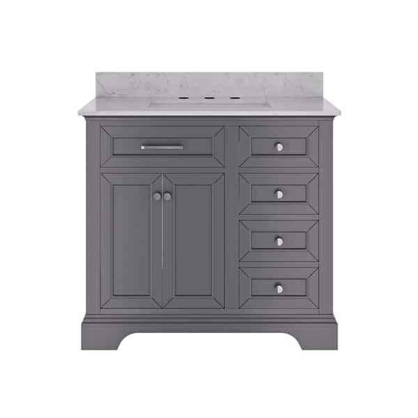 36" Single Sink Light Gray Wood Bath Vanity with White Engineered Marble Top (Chipped in Pictures)