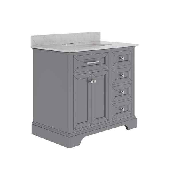 36" Single Sink Light Gray Wood Bath Vanity with White Engineered Marble Top (Chipped in Pictures) - Image 2
