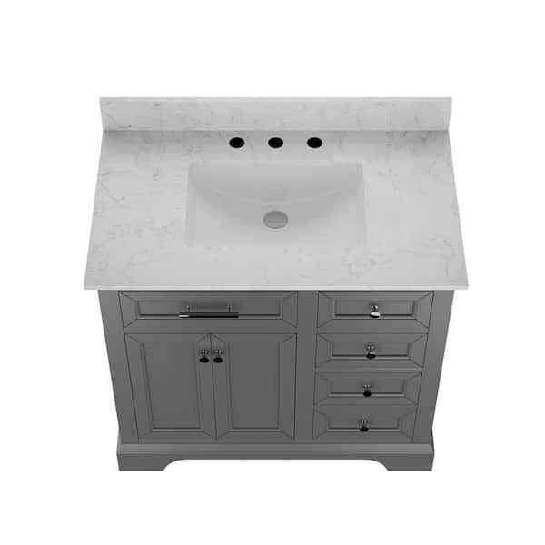 36" Single Sink Light Gray Wood Bath Vanity with White Engineered Marble Top (Chipped in Pictures) - Image 4