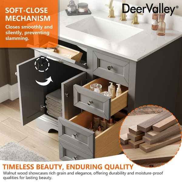 36" Single Sink Light Gray Wood Bath Vanity with White Engineered Marble Top (Chipped in Pictures) - Image 6
