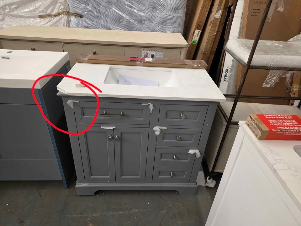 36" Single Sink Light Gray Wood Bath Vanity with White Engineered Marble Top (Chipped in Pictures) - Image 7