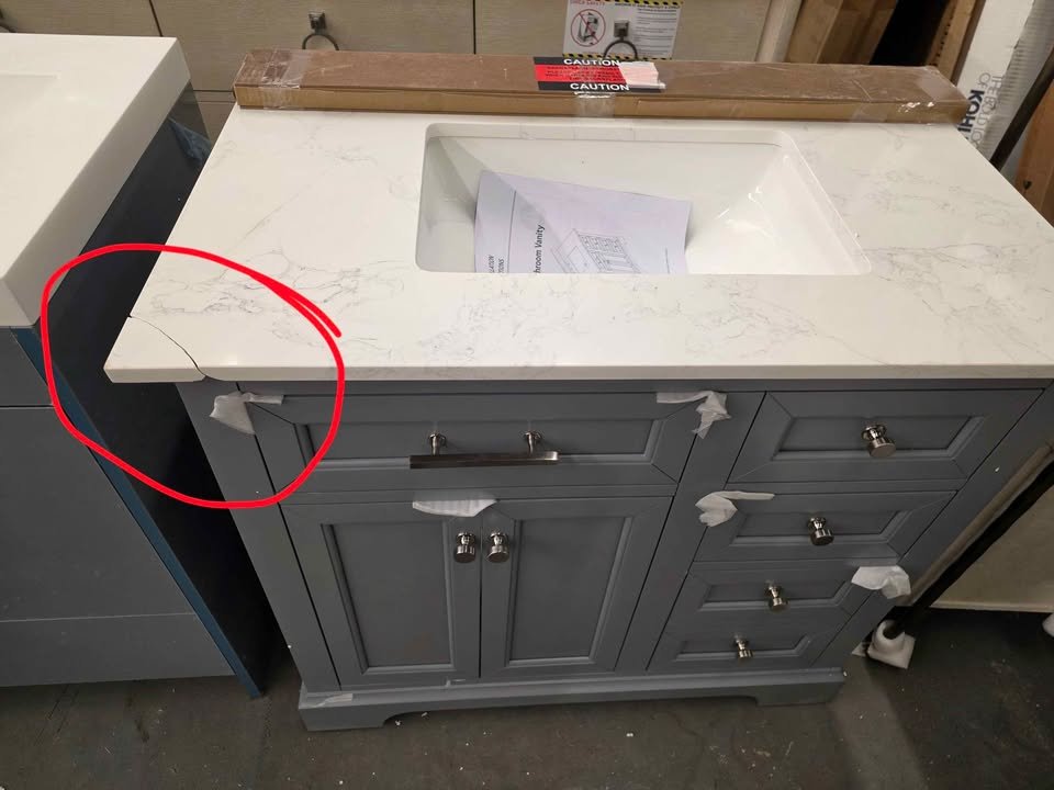 36" Single Sink Light Gray Wood Bath Vanity with White Engineered Marble Top (Chipped in Pictures) - Image 8