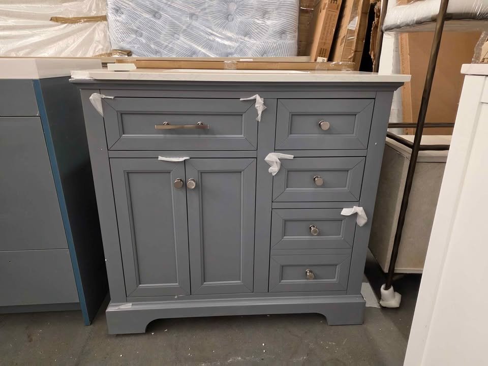 36" Single Sink Light Gray Wood Bath Vanity with White Engineered Marble Top (Chipped in Pictures) - Image 9