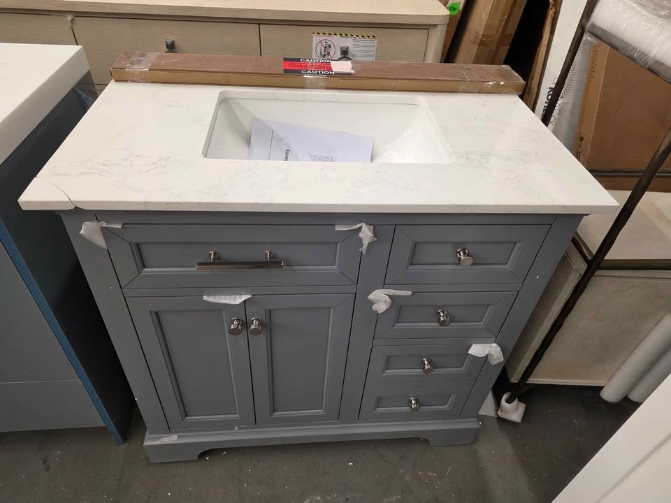 36" Single Sink Light Gray Wood Bath Vanity with White Engineered Marble Top (Chipped in Pictures) - Image 10