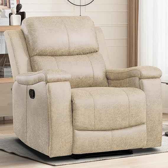 Ebello 37" Wide Modern Vegan Leather Manual Recliner Chair with Built - in Cup Holder - Beige