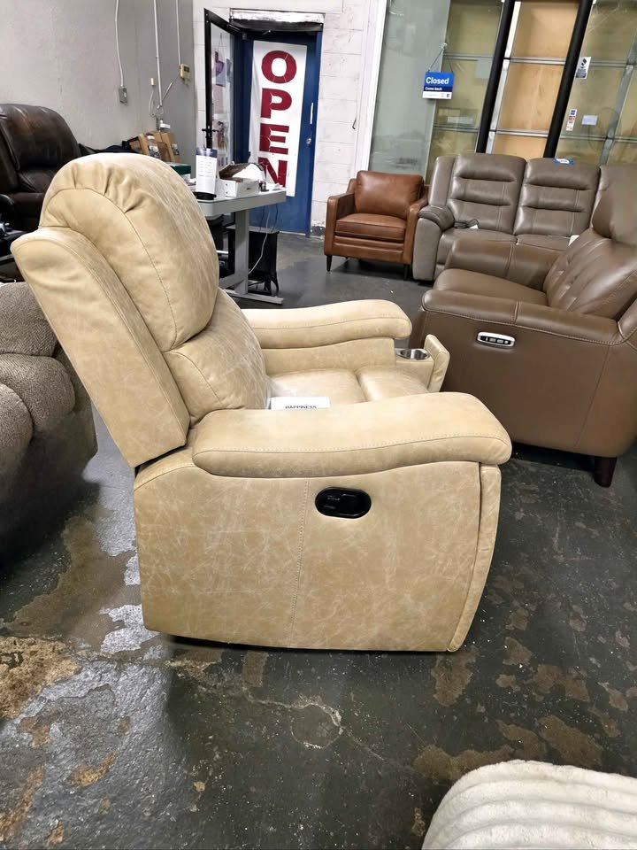 Ebello 37" Wide Modern Vegan Leather Manual Recliner Chair with Built - in Cup Holder - Beige - Image 9