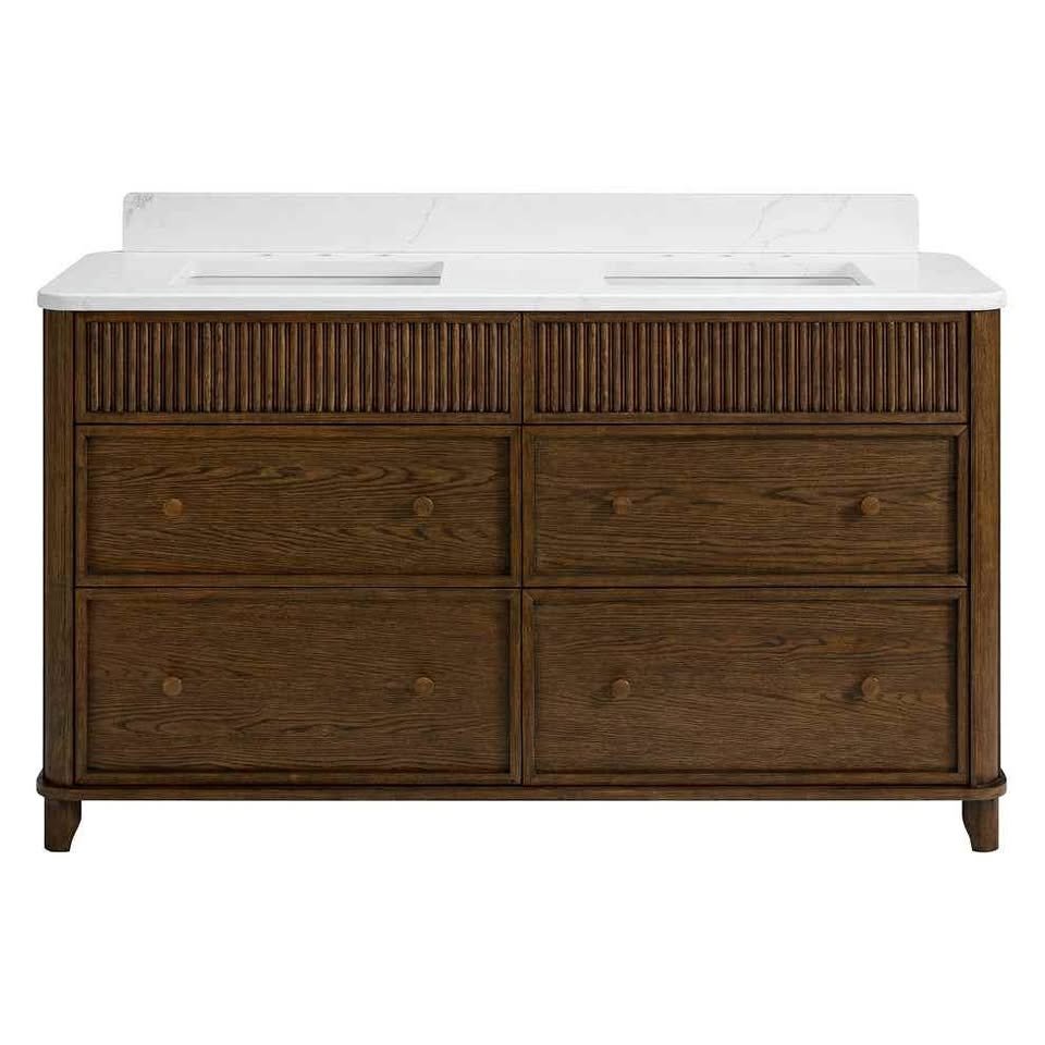 Kathryne 60" Vanity in Enhanced Brown Oak Quartz Countertop ( Cracked in Pictures ) Retails $2700.00