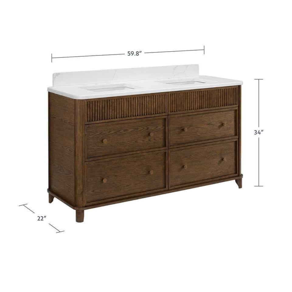 Kathryne 60" Vanity in Enhanced Brown Oak Quartz Countertop ( Cracked in Pictures ) Retails $2700.00 - Image 2