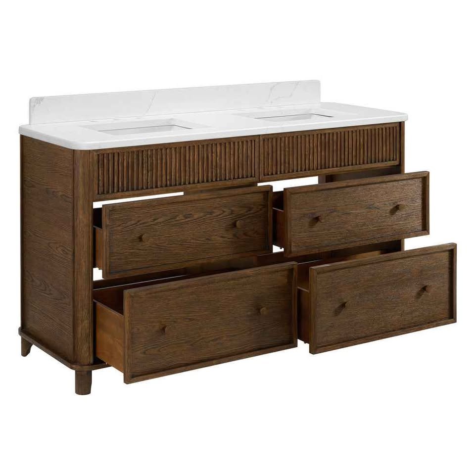 Kathryne 60" Vanity in Enhanced Brown Oak Quartz Countertop ( Cracked in Pictures ) Retails $2700.00 - Image 3