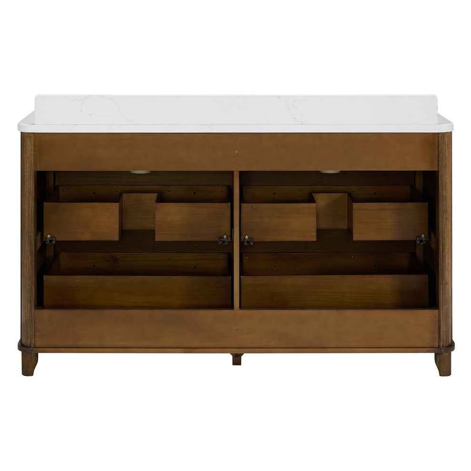 Kathryne 60" Vanity in Enhanced Brown Oak Quartz Countertop ( Cracked in Pictures ) Retails $2700.00 - Image 5