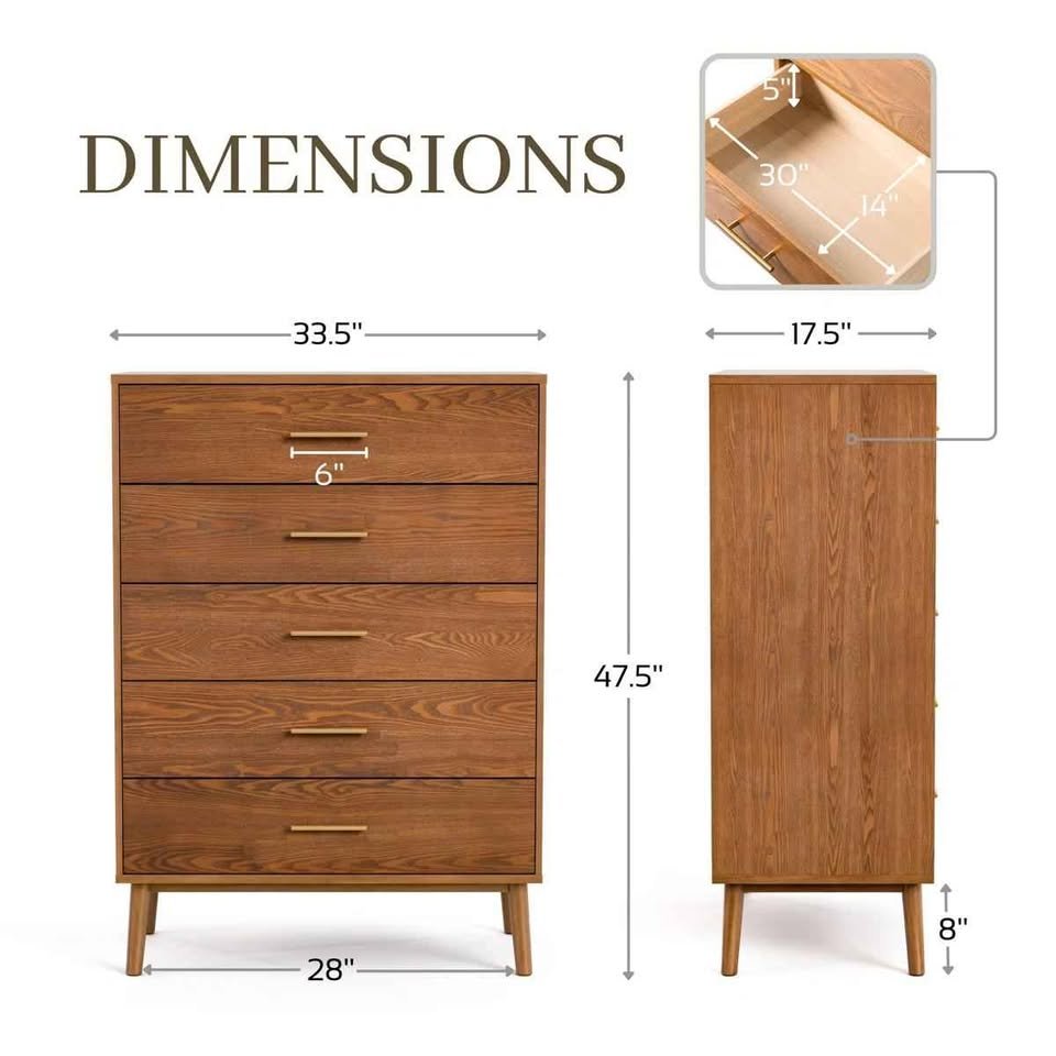 Nevio 47.5"H 5-Drawer Wood Chest with Tapered Legs - Image 2