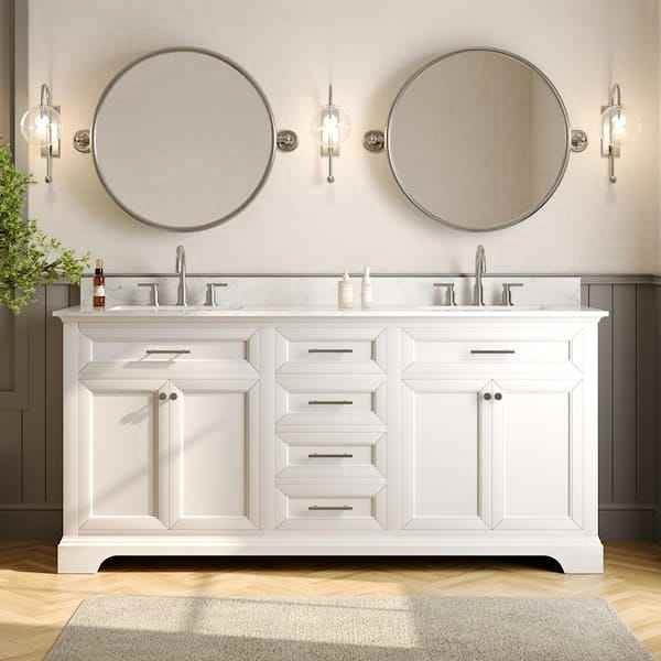 72 in. Double Sink Freestanding White Bath Vanity with White Engineered Stone Top