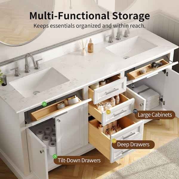 72 in. Double Sink Freestanding White Bath Vanity with White Engineered Stone Top - Image 2