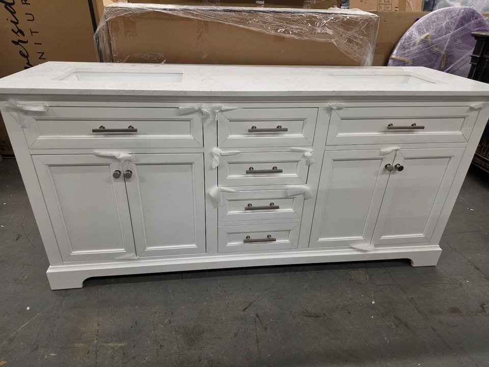 72 in. Double Sink Freestanding White Bath Vanity with White Engineered Stone Top - Image 5