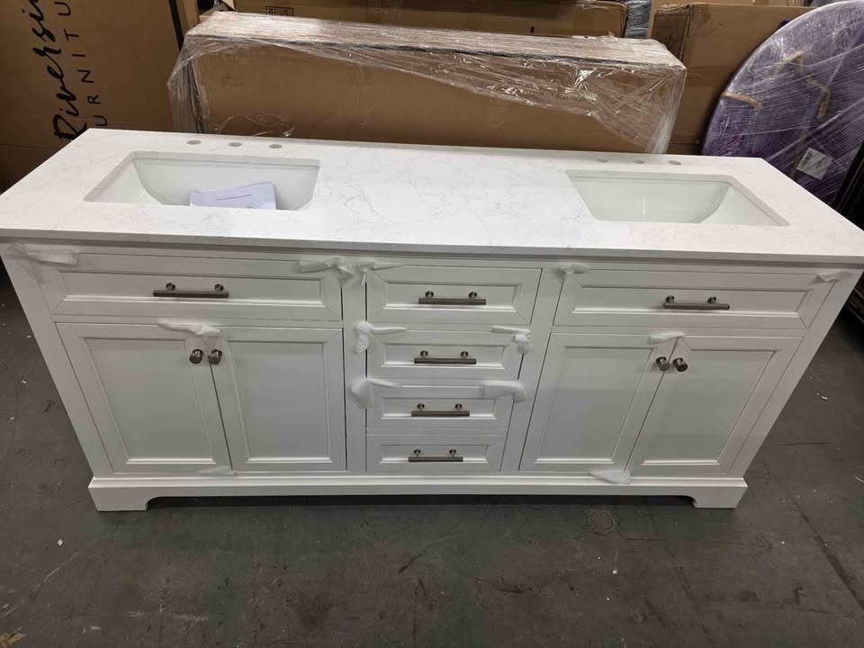 72 in. Double Sink Freestanding White Bath Vanity with White Engineered Stone Top - Image 6