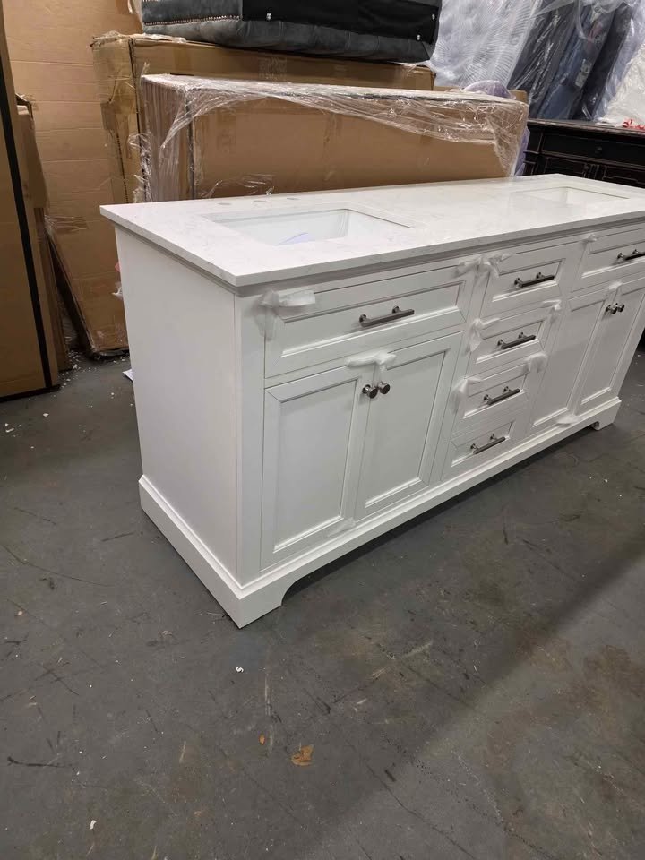 72 in. Double Sink Freestanding White Bath Vanity with White Engineered Stone Top - Image 7