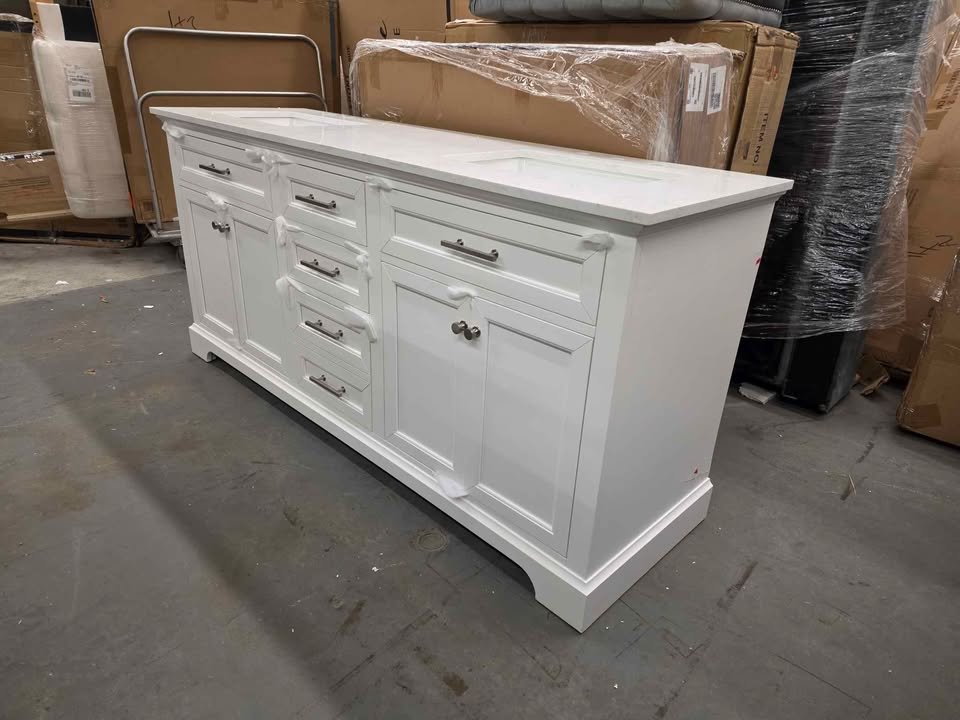 72 in. Double Sink Freestanding White Bath Vanity with White Engineered Stone Top - Image 8