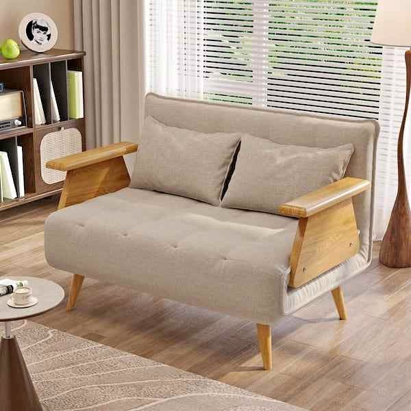 JASIWAY 43.3 in. Beige Twin Sleeper Size Folding Linen Sofa Bed