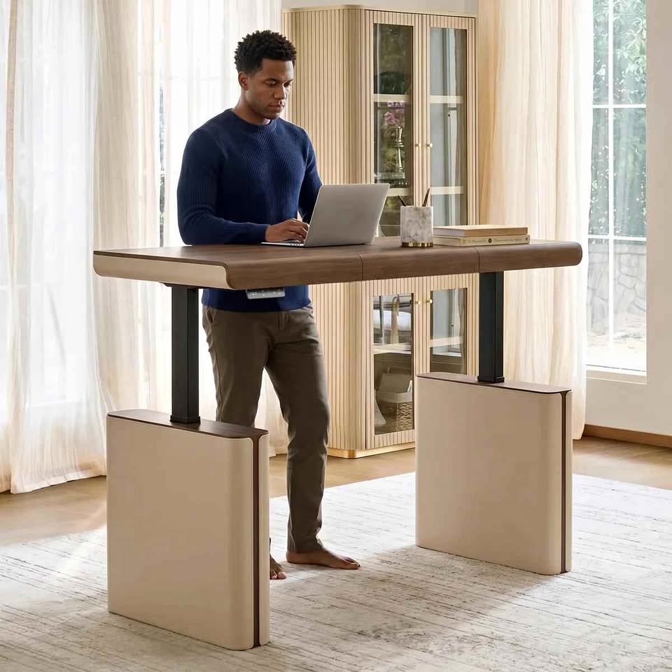 71" Premium Veneer Executive Electric Standing Desk with Saddle Leather Base & Built-in Power Hub