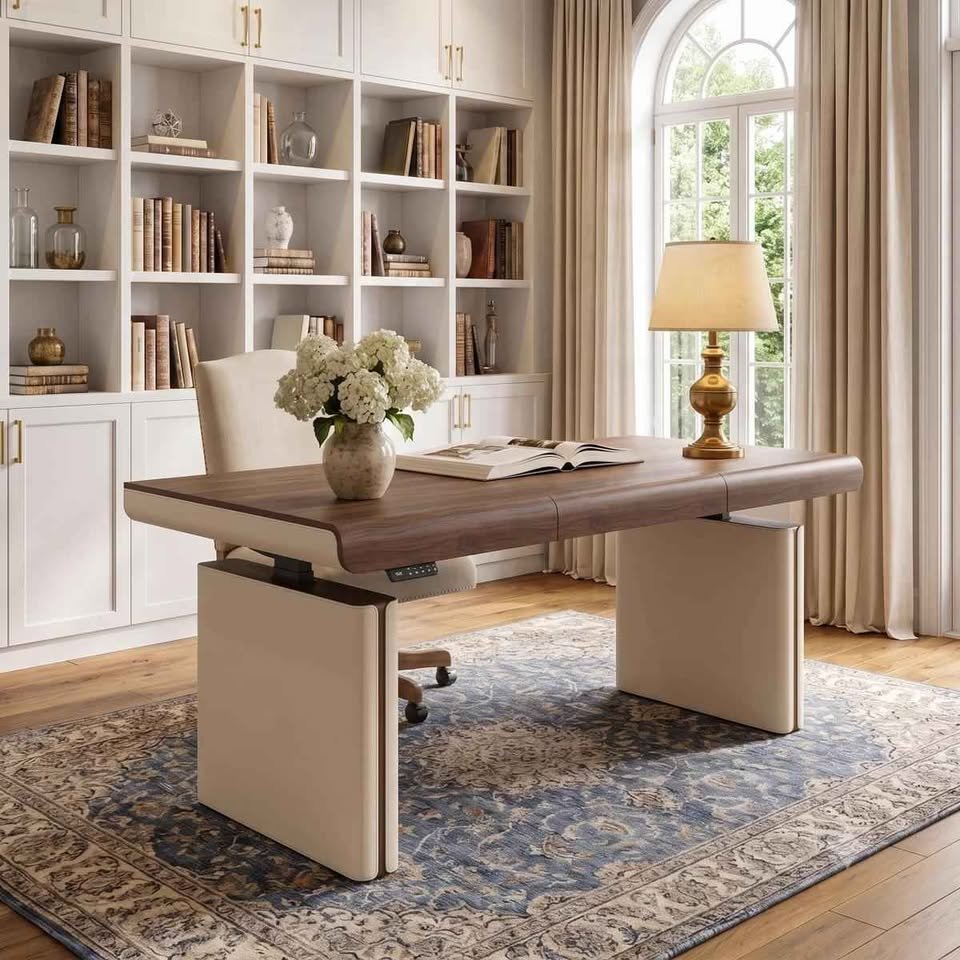 71" Premium Veneer Executive Electric Standing Desk with Saddle Leather Base & Built-in Power Hub - Image 2