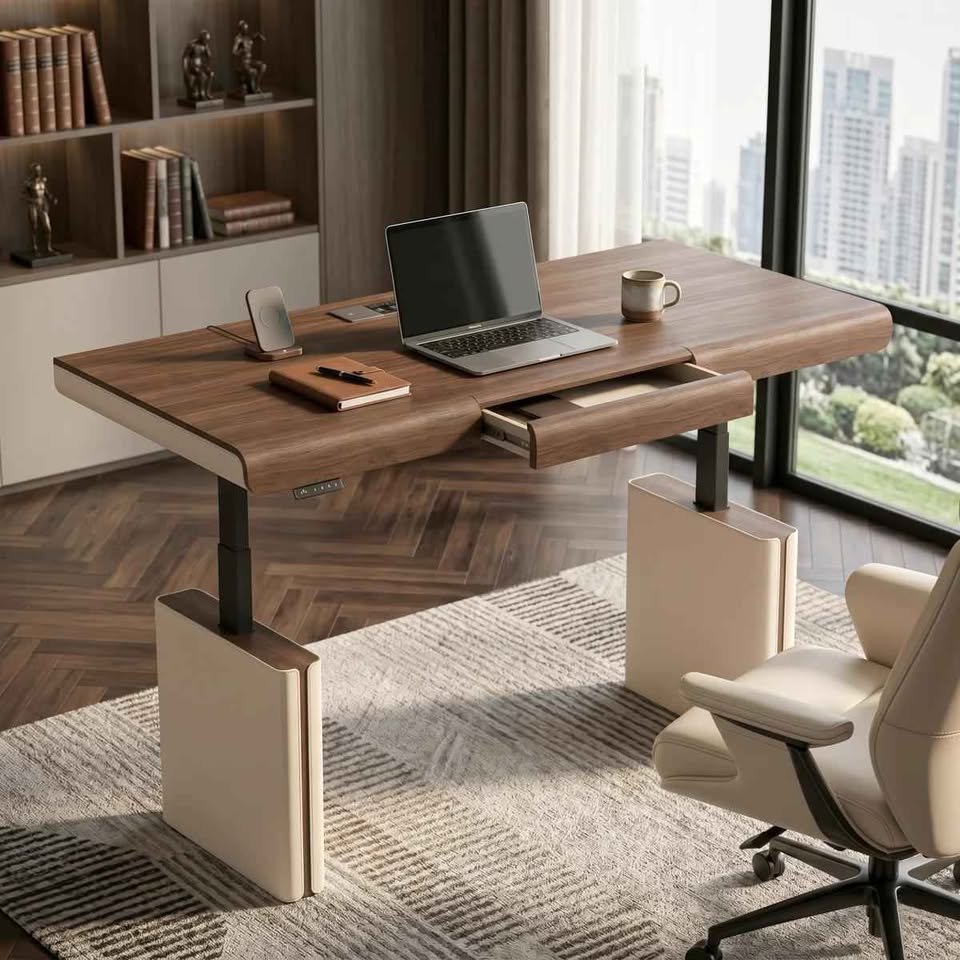 71" Premium Veneer Executive Electric Standing Desk with Saddle Leather Base & Built-in Power Hub - Image 3