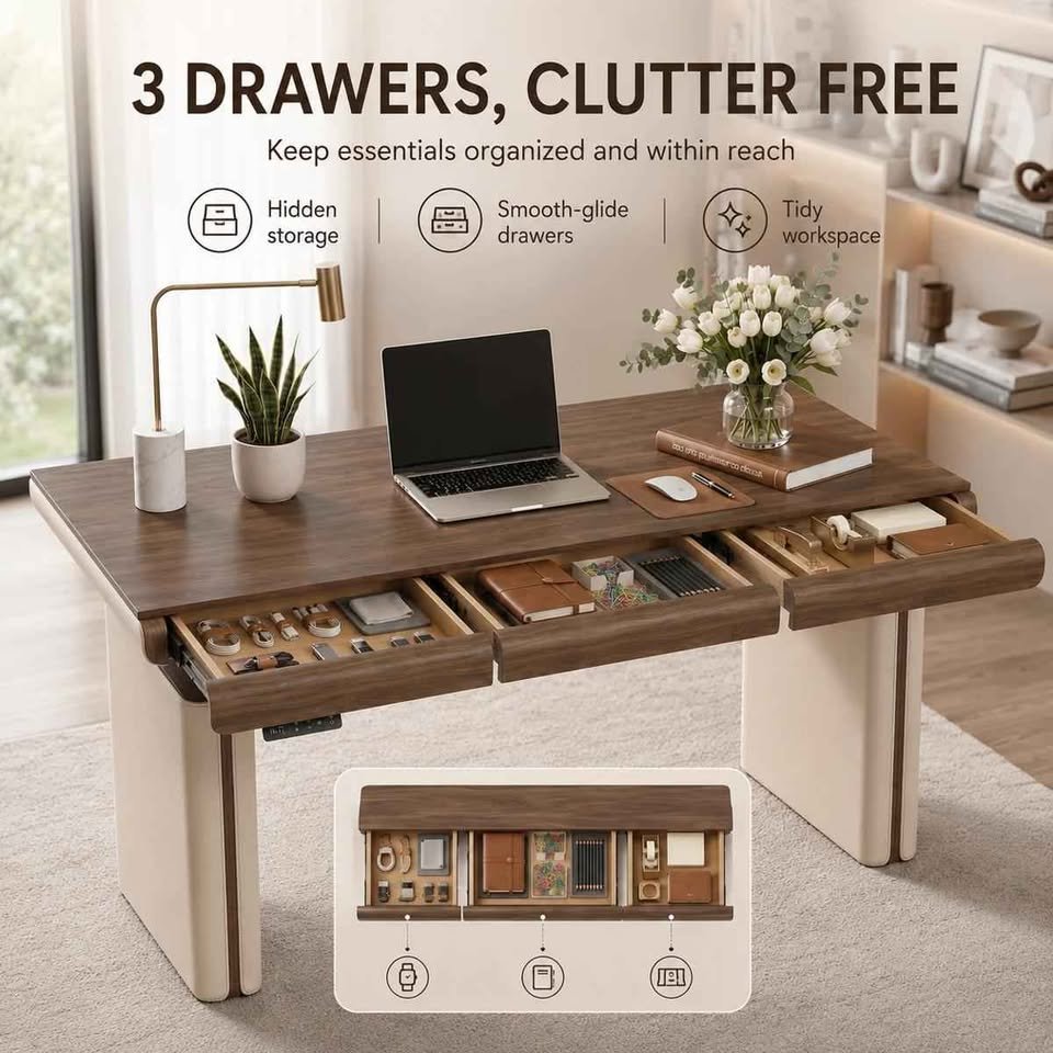 71" Premium Veneer Executive Electric Standing Desk with Saddle Leather Base & Built-in Power Hub - Image 4