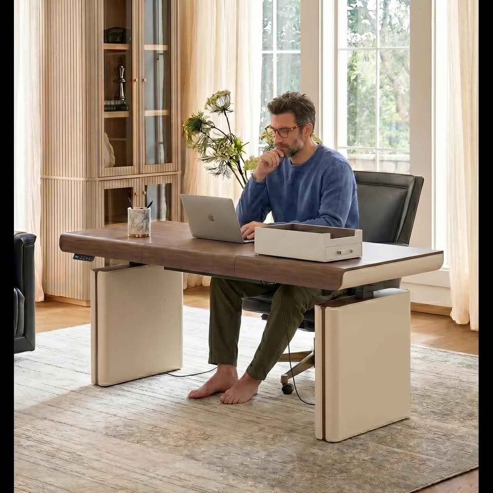 71" Premium Veneer Executive Electric Standing Desk with Saddle Leather Base & Built-in Power Hub - Image 5