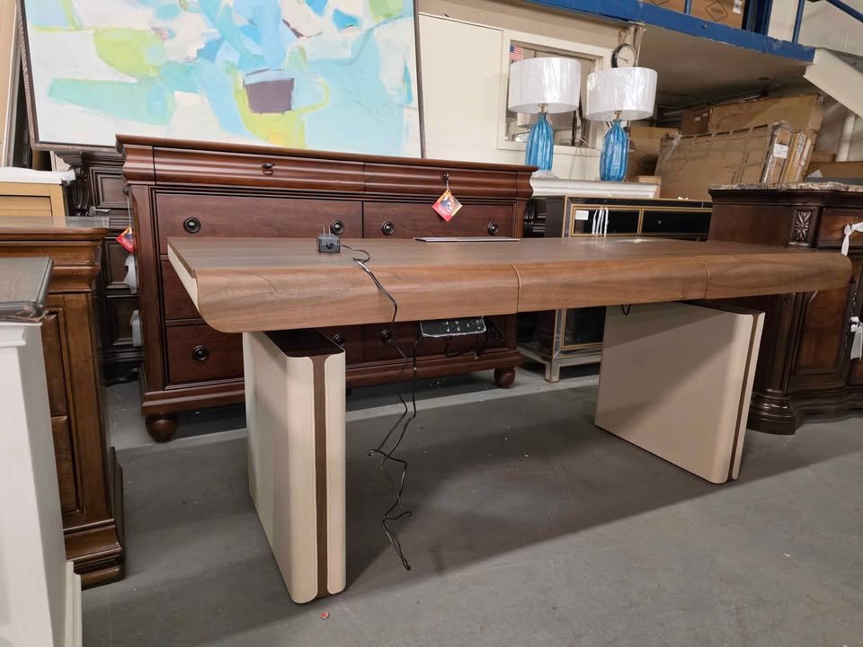 71" Premium Veneer Executive Electric Standing Desk with Saddle Leather Base & Built-in Power Hub - Image 6