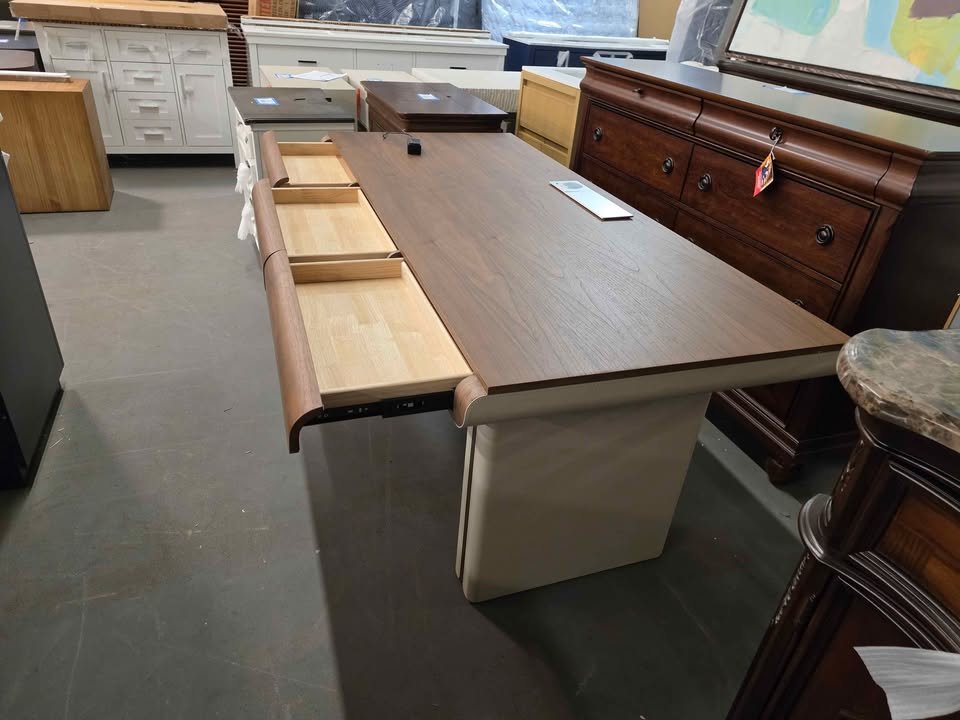 71" Premium Veneer Executive Electric Standing Desk with Saddle Leather Base & Built-in Power Hub - Image 7