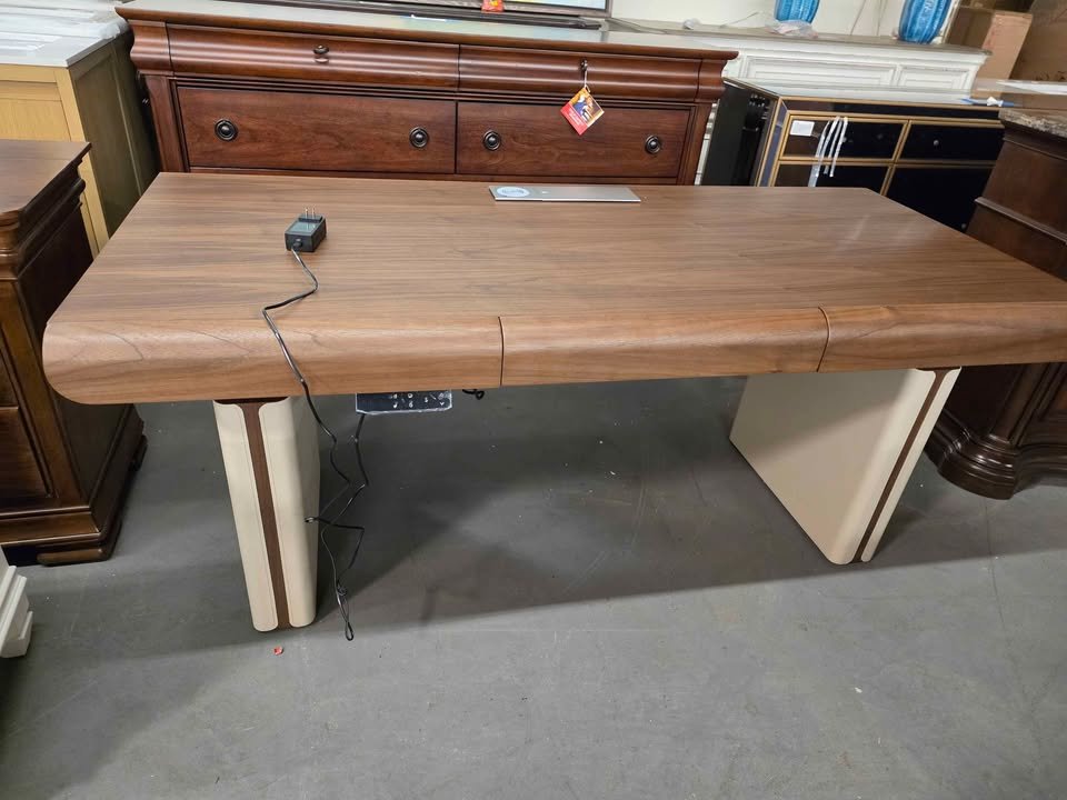 71" Premium Veneer Executive Electric Standing Desk with Saddle Leather Base & Built-in Power Hub - Image 8