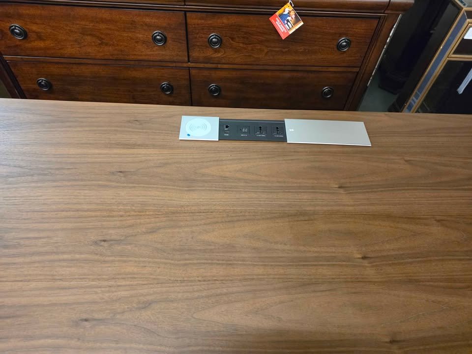 71" Premium Veneer Executive Electric Standing Desk with Saddle Leather Base & Built-in Power Hub - Image 9