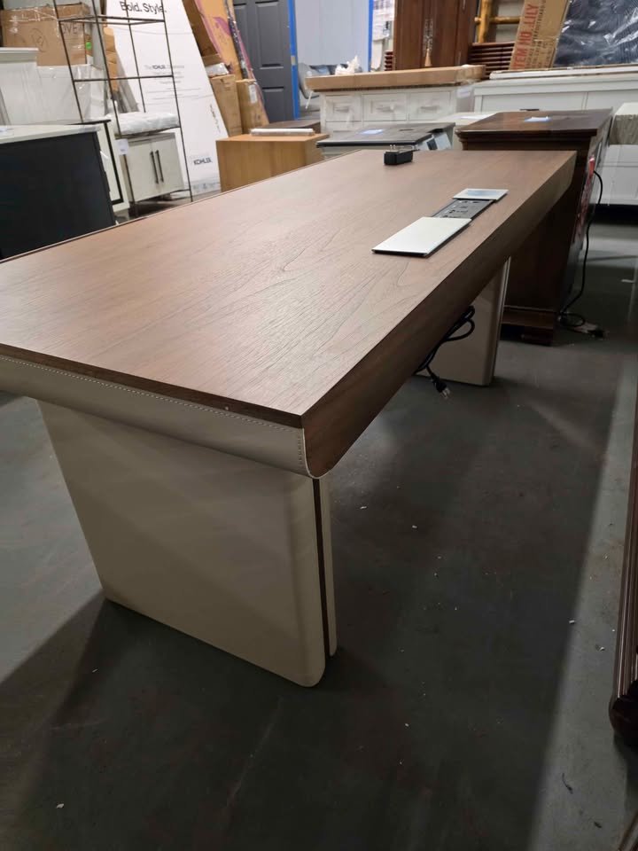 71" Premium Veneer Executive Electric Standing Desk with Saddle Leather Base & Built-in Power Hub - Image 10