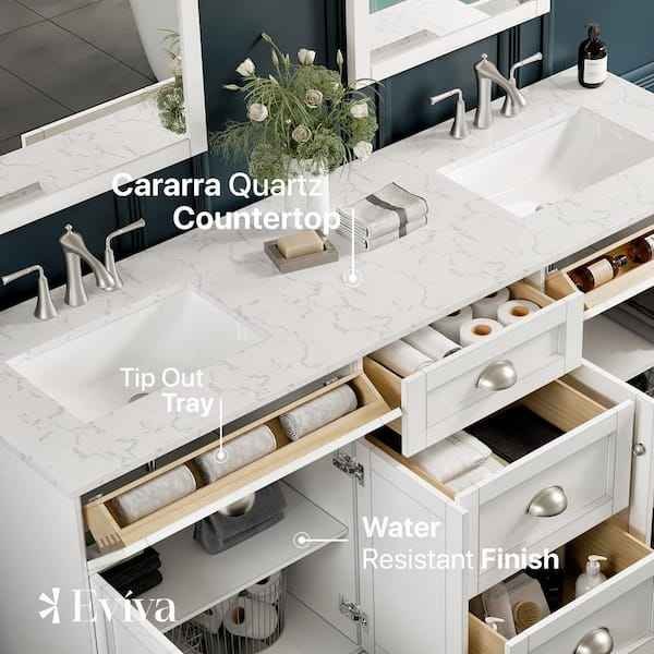 Epic 72 in. Double Sink White Bath Vanity with White Carrara Quartz Top - Image 4