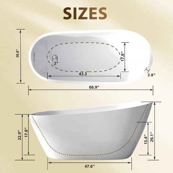 67 in. x 30.8 in. Acrylic Freestanding Soaking Bathtub with Chrome Drain in White - Image 4