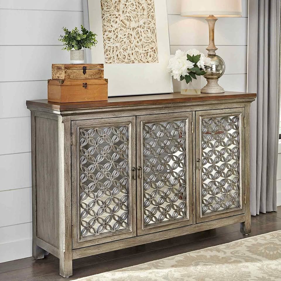 Westridge 3 Door Accent Cabinet in Wire Brushed Gray and White (Slightly damaged in Pictures )